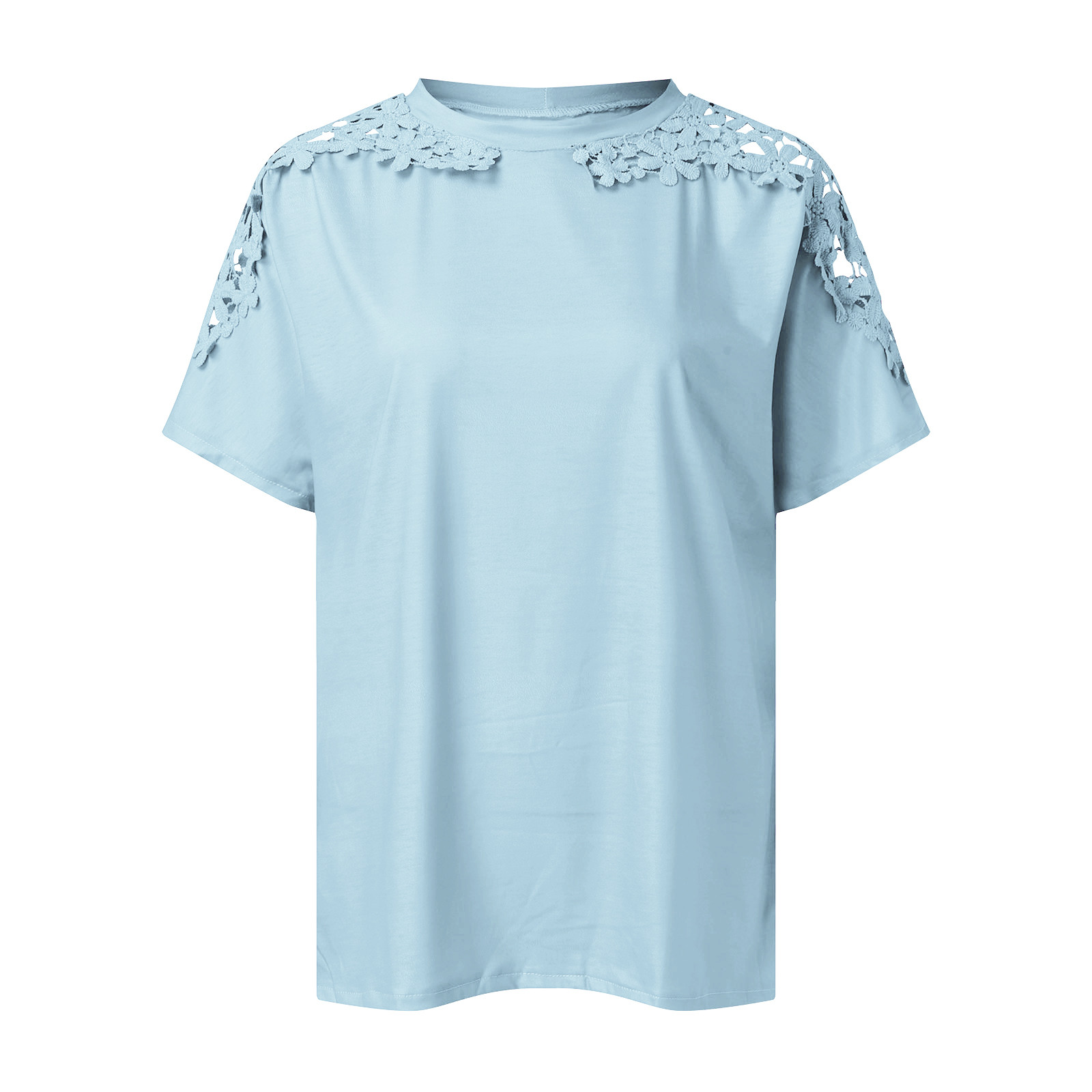 thumbnail image 4 of Top de manga corta de encaje y croché para mujer - Blusa informal de cuello redondo, poliéster, diseño con hombros al aire, corte holgado, ropa de primavera/verano, tallas S-XXL, contorno de pecho, 4 of 5